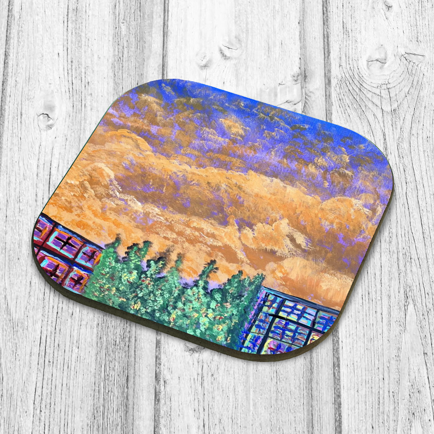 "Beautiful Sky on a Terrible Day" Single Wooden Coaster