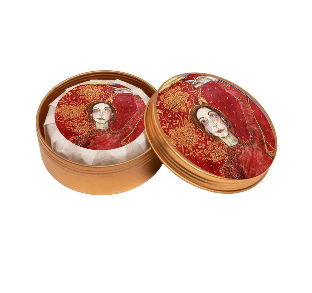 4 oz sea salt-scented soap in travel tin with artwork by Nancy Rosen