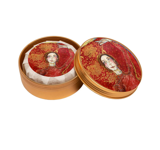 4 oz sea salt-scented soap in travel tin with artwork by Nancy Rosen