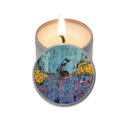4oz spark candle with artwork by Mike Harrell