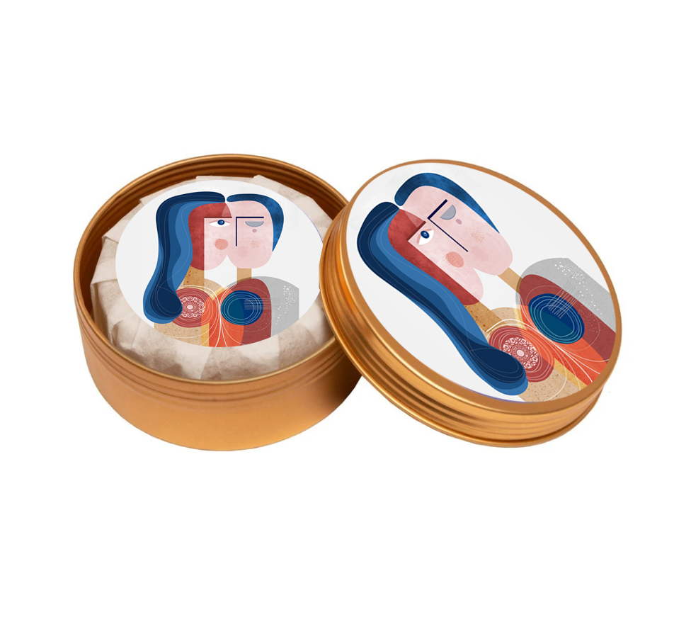 4 oz lavender-scented soap in travel tin with artwork by Ishita Banerjee