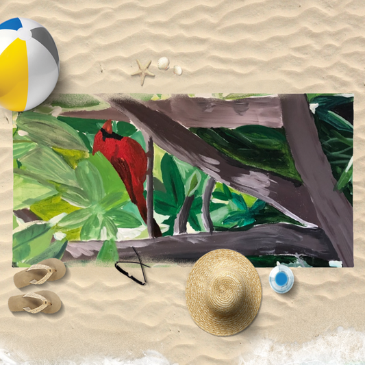"Cardinal in a Tree" Beach Towel