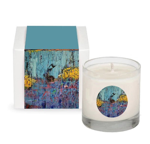 8oz spark candle with artwork by Mike Harrell
